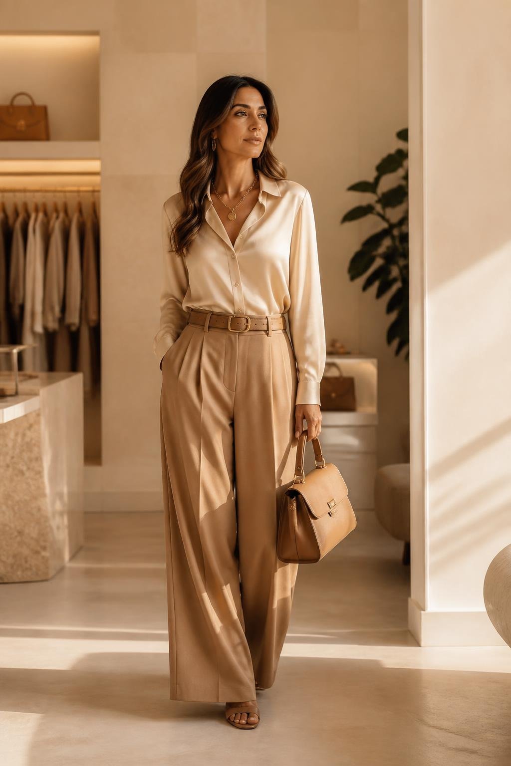 Look editorial Ceima Modas — blusa de seda e calça pantalona